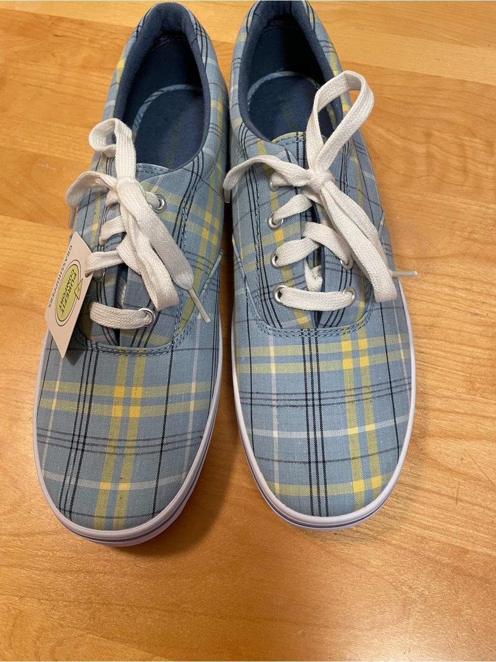 Plaid Canvas Lace-Up Sneakers in Light Blue & Yellow Grasshoppers brand